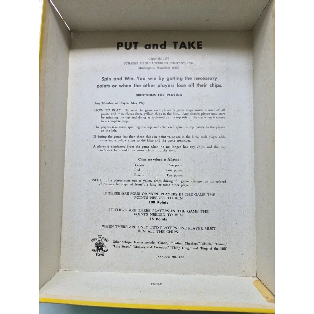 Vintage 1956 Schaper Put and Take Casino Dice Game Complete Boxed Set Rare